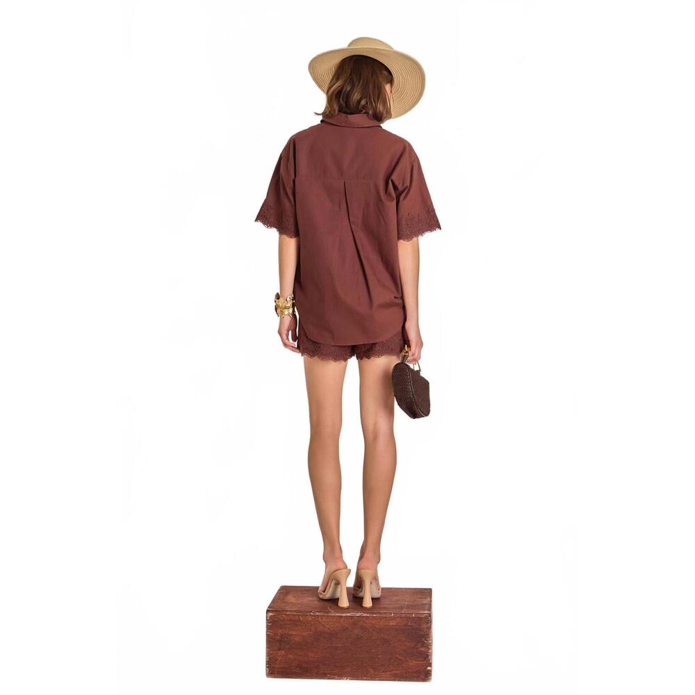 NEW ENGLISH FACTORY women's midnight lace linen shirt in chocolate brown - Picture 3 of 5